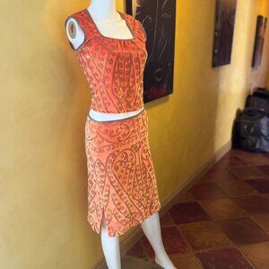 Vintage Cheap Thrill Burnt Orange Paisley Flocked Two-Piece Set – Size M – Y2K N